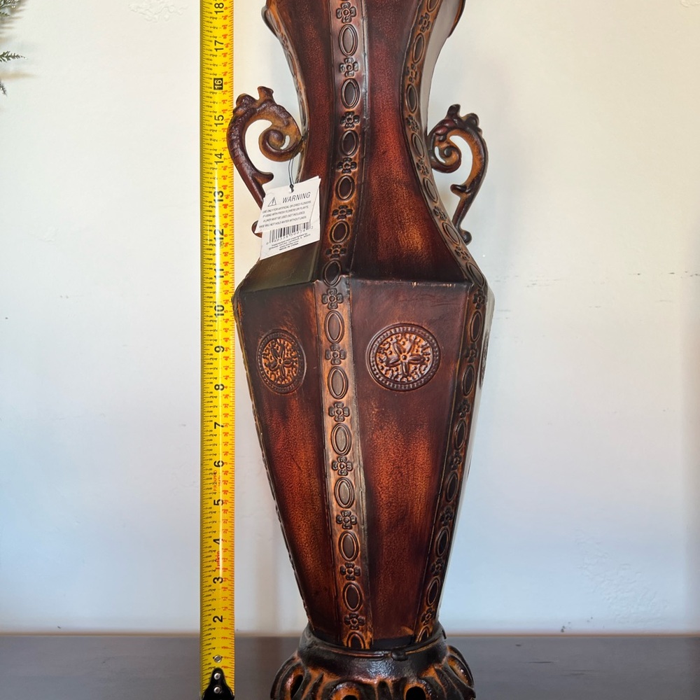 Antique-Style Metal Brown Embossed Decorative Floor Vase with Handles 18” tall - Picture 3 of 4